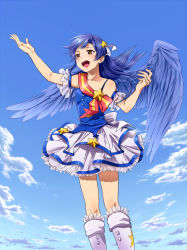 Rule 34 | 1girl, arm up, asymmetrical clothes, blue background, blue theme, blue wings, boots, brown eyes, cloud, day, dress, flat chest, frills, hair ornament, hair ribbon, hairpin, idol, idolmaster, idolmaster (classic), kisaragi chihaya, long hair, ndo2, open mouth, ribbon, sash, sky, smile, solo, star (symbol), wings