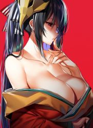 Rule 34 | 1girl, azur lane, bare shoulders, black hair, breast hold, breasts, cleavage, closed mouth, collarbone, empty eyes, finger to mouth, hair ribbon, huge breasts, japanese clothes, kimono, lips, long hair, mask, mask on head, off shoulder, orihi chihiro, profile, red background, red eyes, ribbon, simple background, solo, taihou (azur lane), twintails