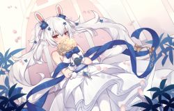 Rule 34 | 1girl, animal ears, azur lane, bare shoulders, blue bow, blue flower, blush, bouquet, bow, brown flower, commentary, covered mouth, dress, dutch angle, english commentary, flower, gloves, hair between eyes, hair flower, hair ornament, holding, holding bouquet, laffey (azur lane), laffey (white rabbit&#039;s oath) (azur lane), long hair, looking at viewer, petals, rabbit ears, red eyes, shinopoko, sleeveless, sleeveless dress, solo, twintails, very long hair, wedding dress, white dress, white gloves, white hair, window