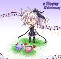 Rule 34 | 1girl, 2others, bandaged arm, bandages, beamed eighth notes, beamed sixteenth notes, blue hair, blush, braid, chibi, closed eyes, colored tips, commentary, creature, flower (vocaloid), flower (vocaloid3), frilled skirt, frills, fujimiya takatsu, full body, hairband, holding maracas, horns, instrument, long hair, maracas, meika hime, meika mikoto, multicolored hair, multiple others, music, musical note, open mouth, pink hair, ponytail, purple hair, purple shirt, purple skirt, purple vest, quarter note, shirt, singing, skirt, sleeveless, sleeveless shirt, staff (music), standing, streaked hair, twitter username, two-tone hair, vest, vocaloid, white hair