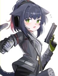 Rule 34 | 1girl, absurdres, animal ears, arknights, black hair, cat ears, cat girl, cat tail, green eyes, gun, handgun, highres, holding, holding gun, holding weapon, id card, jessica (arknights), looking at viewer, open mouth, short hair, spam (spamham4506), tail, weapon, white background