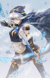 Rule 34 | 1girl, arrow (projectile), ashe (league of legends), blue eyes, bow (weapon), cape, drawing bow, fingerless gloves, gloves, hair over one eye, holding bow (weapon), hood, ice, league of legends, long hair, looking at viewer, mins (minevi), silver hair, skirt, solo, thighhighs, weapon