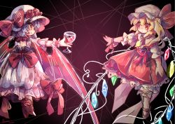 Rule 34 | 2girls, back bow, bat wings, blonde hair, blue hair, bow, cup, dark background, drinking glass, flandre scarlet, frilled sleeves, frills, from behind, full body, gradient background, hair between eyes, hat, hat ribbon, highres, holding, holding cup, looking at another, mame komari, mary janes, medium hair, mob cap, multicolored wings, multiple girls, red bow, red eyes, red ribbon, remilia scarlet, ribbon, shirt, shoes, short hair, short sleeves, side ponytail, simple background, socks, touhou, white headwear, white shirt, white socks, wine glass, wings, wrist cuffs, wrist ribbon