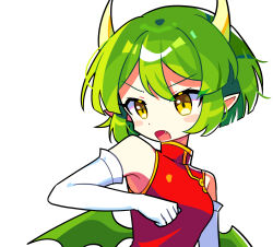 Rule 34 | 1girl, brown eyes, china dress, chinese clothes, draco centauros, dragon girl, dragon horns, dragon wings, dress, elbow gloves, fang, gloves, green hair, highres, horns, offbeat, open mouth, pointy ears, puyopuyo, red dress, short hair, simple background, sleeveless, sleeveless dress, solo, upper body, white background, white gloves, wings