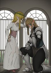 Rule 34 | 2girls, absurdres, armor, armored boots, black bodysuit, blonde hair, blue eyes, blush, bodysuit, boots, breastplate, breasts, clenched hand, closed eyes, commentary, corset, crown, dress, ear blush, elf, flying sweatdrops, from side, gauntlets, hand on lap, hand on own chest, hand on own hip, headpat, heart, highres, knight, large breasts, light brown hair, long dress, long hair, medium breasts, multiple girls, on one knee, open mouth, original, pauldrons, pelvic curtain, petting, pointy ears, princess, shin guards, shoulder armor, sidelocks, size difference, standing, sweatdrop, swept bangs, thick thighs, thighs, uru (uru0000), white dress, yuri