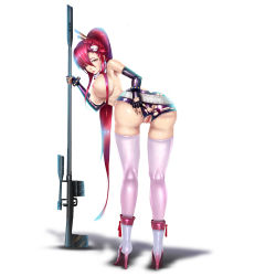 Rule 34 | 00s, 1girl, anti-materiel rifle, ass, astdevir, boots, breasts, brown eyes, elbow gloves, female focus, fingerless gloves, gloves, gun, hair ornament, high heel boots, high heels, highres, large breasts, long hair, looking at viewer, looking back, nipples, pink thighhighs, ponytail, pussy, red hair, rifle, shiny skin, short shorts, shorts, simple background, sniper rifle, solo, standing, tengen toppa gurren lagann, thighhighs, topless, torn clothes, torn shorts, weapon, white background, yoko littner