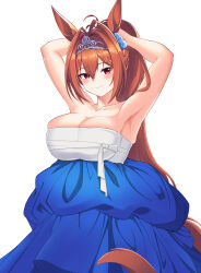 Rule 34 | 1girl, absurdres, adjusting hair, alternate costume, animal ears, antennae, armpits, arms up, bails, blush, bow, breasts, cleavage, closed mouth, commentary request, cropped shirt, daiwa scarlet (umamusume), fang, hair between eyes, hair bow, hair intakes, hanbok, highres, horse ears, horse girl, horse tail, korean clothes, large breasts, long hair, looking at viewer, ponytail, red eyes, red hair, shirt, simple background, skin fang, smile, solo, tail, tiara, umamusume, very long hair, white background, white shirt