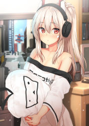 Rule 34 | 1girl, ayanami (azur lane), ayanami (niconico) (azur lane), azur lane, b-ginga, bandaid, bandaid on arm, bandaid on cheek, bandaid on face, bare shoulders, blush, bookshelf, breasts, collarbone, computer, hair between eyes, headgear, headphones, high ponytail, indoors, laptop, light brown hair, long hair, looking at viewer, marvel, open mouth, pillow, ponytail, red eyes, shirt, sidelocks, small breasts, solo, spider-man (series), television, white shirt