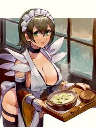 Rule 34 | 1girl, apron, bare shoulders, black hair, black leotard, breasts, cleavage, flipped hair, frilled leotard, frills, highleg, highleg leotard, highres, huge breasts, iroha (samurai spirits), leotard, maid, maid apron, maid headdress, maid leotard, oni gini, samurai spirits, sideboob, smile, snk, solo, thighhighs, thighs, unconventional maid