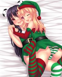 Rule 34 | 2girls, ass, bare shoulders, black hair, blonde hair, blush, breasts, christmas, from behind, hat, highres, holding hands, interlocked fingers, long hair, looking at viewer, lying, multiple girls, nottytiffy, open mouth, orange eyes, original, panties, pantyshot, skirt, smile, striped clothes, striped legwear, striped panties, tears, thighhighs, tiffy (nottytiffy), underwear, upskirt, yuri