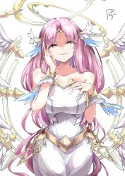 Rule 34 | 1girl, archangel gabriel (guardian tales), bare shoulders, breasts, circlet, dress, hair ornament, halo, highres, large breasts, long hair, looking at viewer, no bra, parted bangs, pepepepenguinpe, pink hair, shaded face, signature, smug, white background, white dress, yellow eyes