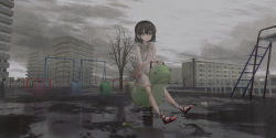 Rule 34 | 1girl, absurdres, apartment, bag, bare arms, bare legs, bare tree, black hair, bow, carrying bag, chihuri, closed mouth, cloud, cloudy sky, collared dress, commentary, dirty, dirty feet, dress, expressionless, flower, full body, grey dress, grey eyes, grey pupils, grey sky, hair between eyes, hair bow, highres, ladder, light blush, looking at viewer, mud, original, outdoors, pink bag, pink bow, playground, rain, red footwear, reflection, sandals, short dress, short hair, shoulder bag, sidelocks, sitting, sky, sleeveless, sleeveless dress, solo, spring rider, staring, swing, swing set, tree, utility pole, yellow flower