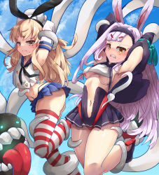 Rule 34 | 2girls, animal ears, armpits, arms up, ass, azur lane, bakasp-lilzy, bare legs, bikini over clothes, black hairband, black panties, black skirt, blonde hair, blue skirt, blue sky, blush, breasts, clenched teeth, crop top, elbow gloves, enemy naval mine (kancolle), frown, gloves, hairband, highleg, highleg panties, highres, historical name connection, jacket, kantai collection, long hair, miniskirt, multiple girls, name connection, navel, outdoors, panties, pleated skirt, rabbit ears, red thighhighs, restrained, rudder footwear, sailor collar, school uniform, serafuku, shimakaze (azur lane), shimakaze (kancolle), skirt, sky, small breasts, striped clothes, striped thighhighs, sweat, teeth, tentacles, thighhighs, tickling, tickling armpits, tickling legs, tickling stomach, tongue, tongue out, underboob, underwear, white gloves, white hair, white thighhighs, yellow eyes
