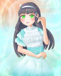 Rule 34 | 1girl, aqua dress, aqua skirt, artist name, artist request, black hair, blunt bangs, breasts, detached collar, dreamy color, dreamy color (love live!), dress, feather dress, feathers, female focus, green eyes, hair ornament, hairband, hairclip, highres, kurosawa dia, long hair, looking at viewer, love live!, love live! school idol festival, love live! sunshine!!, miniskirt, mole, mole under mouth, plaid, plaid dress, plaid skirt, pleated, pleated dress, pleated skirt, short sleeves, skirt, small breasts, smile, solo, white detached collar, white dress, white hairband, white skirt