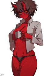 Rule 34 | 1girl, black hair, black panties, blush, breasts, closed mouth, colored skin, cup, grey shirt, holding, holding cup, horns, kidouko (zakusi), large breasts, long sleeves, looking at viewer, navel, no bra, oni, oni horns, open clothes, open shirt, orange eyes, original, panties, red oni, red skin, shirt, short hair, signature, skindentation, solo, teacup, thick eyebrows, underwear, zakusi