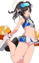 Rule 34 | 1girl, absurdres, akinoji (akiponpon27), animal ears, black hair, blue archive, blush, breasts, cheerleader, cleavage, crop top, dog ears, dog girl, dog tail, eyewear on head, goggles, goggles on head, halo, hibiki (blue archive), hibiki (cheer squad) (blue archive), highres, long hair, looking at viewer, medium breasts, midriff, millennium cheerleader outfit (blue archive), navel, open mouth, panties, pantyshot, pleated skirt, pom pom (cheerleading), simple background, skirt, sleeveless, solo, tail, underwear, white background, white panties
