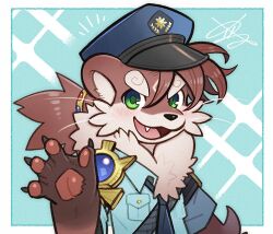 Rule 34 | 1boy, animal ears, blue background, blue necktie, border, brown hair, chest tuft, commentary request, fang, furry, furry male, green eyes, hat, long hair, low ponytail, male focus, necktie, open mouth, otter (housamo), otter boy, otter ears, pawpads, police, police hat, police uniform, signature, simple background, smile, solo, sparkle, thick eyebrows, tokyo houkago summoners, uniform, upper body, white border, yamainuken