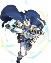 Rule 34 | 1boy, armor, armored boots, arms up, artist request, aura, belt, blue cape, blue gemstone, boots, breastplate, cape, crystal, full armor, full body, gauntlets, gem, gerard (world flipper), helmet, highres, holding, holding polearm, holding weapon, knight, lance, leg up, male focus, non-web source, official art, outstretched arm, plume, pointing, polearm, running, shoulder armor, simple background, solo, spiked helmet, spikes, torn cape, torn clothes, transparent, transparent background, weapon, white armor, white footwear, world flipper