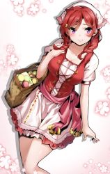 Rule 34 | 1girl, alternate costume, basket, braid, breasts, cleavage, collarbone, commentary request, hair ornament, hairclip, head scarf, highres, large breasts, looking at viewer, love live!, love live! school idol project, nakano maru, nishikino maki, purple eyes, red hair, smile, solo, thighs, twin braids, white headwear