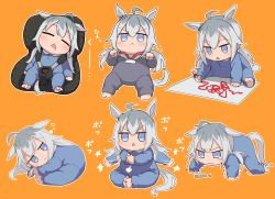 Rule 34 | :&lt;, afterimage, aged down, animal ears, baby, blue eyes, blush, butterfly sitting, child safety seat, clapping, commentary request, crayon, drawing, drooling, food, grey hair, horse ears, horse girl, horse tail, jitome, kusanagi kaoru, long hair, looking at viewer, mouth drool, multicolored hair, multiple views, oguri cap (umamusume), onesie, orange background, raised eyebrows, simple background, sitting, sleeping, tail, tearing up, trembling, triangle mouth, two-tone hair, umamusume, v-shaped eyebrows, wilted ahoge