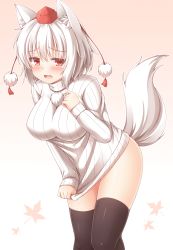 Rule 34 | 1girl, alternate costume, animal ears, black thighhighs, blush, breasts, hat, highres, inubashiri momiji, large breasts, looking at viewer, naked sweater, no pants, open mouth, red eyes, ribbed sweater, short hair, solo, sweater, tail, thighhighs, tokin hat, touhou, white hair, wolf ears, wolf tail, yuu (yu0221f), zettai ryouiki