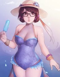 Rule 34 | 1girl, alternate costume, alternate hairstyle, arm tattoo, artist name, black-framed eyewear, blue one-piece swimsuit, breasts, brown eyes, brown hair, casual, cleavage, cowboy shot, double bun, flower, food, frilled swimsuit, frills, gradient background, hair bun, hair flower, hair ornament, hat, hat flower, highres, holding, large breasts, matilda fiship, mei (overwatch), nail polish, one-piece swimsuit, overwatch, overwatch 1, parted lips, popsicle, purple background, short hair, signature, smile, snowflake print, snowing, solo, sun hat, swimsuit, tattoo, white nails