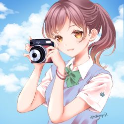 Rule 34 | 1girl, blue sky, bow, breasts, brown hair, camera, cloud, cloudy sky, collared shirt, commentary request, day, eyebrows hidden by hair, green bow, hands up, highres, holding, holding camera, long hair, looking at viewer, medium breasts, original, outdoors, ponytail, red eyes, school uniform, sheepd, shirt, short sleeves, sky, solo, sweater vest, twitter username, upper body, white shirt
