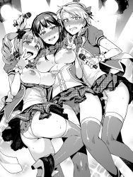 Rule 34 | 3girls, ass, blush, breasts, clenched teeth, gloves, greyscale, hairband, large breasts, long hair, looking at viewer, microphone, monochrome, multiple girls, nipples, open mouth, original, panties, redrop, short hair, skirt, smile, sweat, teeth, thighhighs, underwear, v