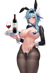 Rule 34 | 1girl, absurdres, alcohol, animal ears, black hairband, blue hair, blush, bottle, breasts, condom, crotchless, crotchless pantyhose, cup, drinking glass, eula (genshin impact), fake animal ears, frontless outfit, genshin impact, hair between eyes, hair ornament, hairband, heart maebari, heart pasties, highres, holding, holding tray, karmiel, large breasts, latex, leotard, long hair, long sleeves, looking at viewer, maebari, meme attire, navel, pantyhose, pasties, playboy bunny, purple eyes, rabbit ears, revealing clothes, reverse bunnysuit, reverse outfit, shrug (clothing), solo, stomach, thighband pantyhose, tray, white background, wine, wine bottle, wine glass, wrist cuffs, yellow eyes