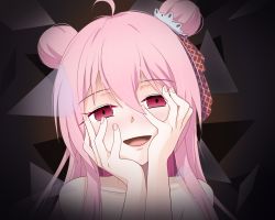 Rule 34 | 10s, 1girl, absurdres, ahoge, blush, double bun, eyelashes, finn flint, hair between eyes, hair bun, hair ribbon, hands on own cheeks, hands on own face, happy sugar life, highres, long hair, looking at viewer, matsuzaka satou, open mouth, pink eyes, pink hair, ribbon, smile, solo, trait connection, yandere, yandere trance
