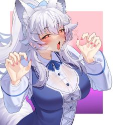 Rule 34 | 1girl, animal ears, blue nails, blush, breasts, claw pose, esencey, heart, heart-shaped pupils, highres, indie virtual youtuber, large breasts, long hair, lumi (merryweather), nail polish, open mouth, ponytail, red eyes, solo, symbol-shaped pupils, virtual youtuber, white hair, wolf girl