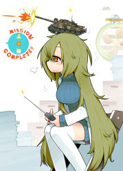 Rule 34 | 1girl, bottle, box, chair, controller, electricity, english text, explosion, glasses, green hair, hand fan, highres, kamonari ahiru, lab coat, long hair, messy hair, military, military vehicle, motor vehicle, orange eyes, original, paper stack, remote control, sigh, soda bottle, solo, sweater, tank, thighhighs, turtleneck, turtleneck sweater, ufo, vehicle, very long hair, white thighhighs