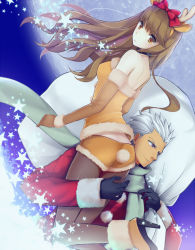Rule 34 | 10s, 1boy, 1girl, animal costume, animal ears, antlers, archer (fate), ass, black gloves, bow, brown eyes, brown gloves, brown hair, brown hairband, brown pantyhose, brown shirt, brown shorts, deer ears, deer tail, detached sleeves, fake animal ears, fate/extra, fate (series), floating hair, full moon, gloves, hair bow, hairband, high heels, horns, kishinami hakuno (female), kokemomomi, long hair, looking at viewer, looking back, moon, night, outdoors, pantyhose, red bow, reindeer antlers, reindeer costume, santa costume, santa gloves, shirt, short shorts, shorts, silver hair, sleeveless, sleeveless shirt, star (symbol), tail, very long hair