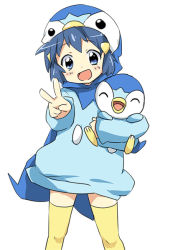Rule 34 | 1girl, aged down, alternate costume, bad id, bad pixiv id, blue eyes, blue hair, blush, child, cosplay, costume, creatures (company), dawn (pokemon), dress, game freak, gen 4 pokemon, hair ornament, hairclip, happy, holding, maruki (punchiki), nintendo, piplup, piplup (cosplay), pokemon, short hair, simple background, smile, thighhighs, v, white background