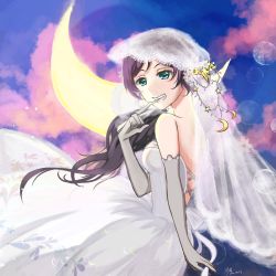 Rule 34 | 1girl, artist name, artist request, back bow, bare shoulders, blush, bow, breasts, bridal veil, dress, elbow gloves, female focus, gloves, green eyes, highres, long hair, looking at viewer, looking back, love live!, love live! school idol project, moon, moon symbol, mouth hold, parted lips, purple hair, small breasts, smile, solo, star (symbol), teeth, tojo nozomi, twintails, veil, wedding dress, white bow, white dress, white gloves
