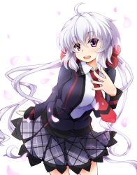 Rule 34 | 10s, 1girl, ahoge, blush, breasts, cleavage, commentary request, cowboy shot, hair ribbon, highres, kanzaki sora, large breasts, leaning forward, long hair, long sleeves, looking at viewer, necktie, open mouth, petals, purple eyes, ribbon, school uniform, senki zesshou symphogear, silver hair, simple background, skirt, solo, thighhighs, twintails, white background, yukine chris