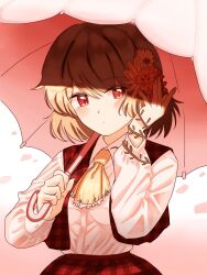 Rule 34 | 1girl, ascot, blush, breasts, closed mouth, collared shirt, commentary request, flower, grey hair, hair flower, hair ornament, highres, kazami yuuka, long sleeves, looking at viewer, medium bangs, open clothes, open vest, parasol, pink umbrella, plaid, plaid skirt, plaid vest, plant, red eyes, red skirt, red vest, shirt, short hair, skirt, skirt set, small breasts, solo, touhou, turtle-kun, umbrella, upper body, vest, vines, white shirt, yellow ascot