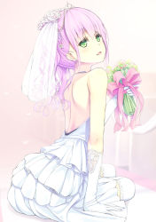 Rule 34 | 1girl, bare back, blush, bouquet, bridal veil, dress, elbow gloves, flower, gloves, gradient background, green eyes, hair flower, hair ornament, holding, jewelry, long hair, necklace, open mouth, original, peragura, pink hair, simple background, sitting, solo, thighhighs, tiara, twintails, veil, wedding dress, white dress, white gloves, white thighhighs, yokozuwari