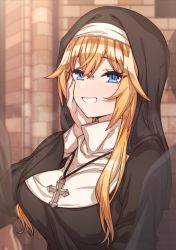 Rule 34 | 1girl, 2boys, blonde hair, blue eyes, blush, breasts, brick wall, cross, cross necklace, erere, habit, hand on own cheek, hand on own face, jewelry, large breasts, looking at another, multiple boys, necklace, nun, original, smile, solo focus, traditional nun, transparent, upper body