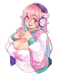 Rule 34 | 1girl, absurdres, aqua hair, bad id, bad pixiv id, blush, breasts, cleavage, gofa, headphones, highres, jacket, large breasts, letterman jacket, long hair, looking at viewer, multicolored hair, nitroplus, open mouth, pink eyes, pink hair, pink jacket, shirt, smile, solo, super sonico, t-shirt, two-tone hair, upper body, virtual youtuber, white jacket
