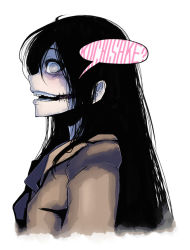 Rule 34 | 1girl, black hair, character name, empty eyes, glasgow smile, jacket, kuchisake-onna, long hair, looking at viewer, open mouth, original, oso (toolate), shaded face, simple background, solo, stitches, traditional youkai, upper body, white background, white eyes