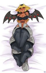 Rule 34 | 00s, 1girl, alternate form, bad id, bad pixiv id, bed sheet, black bra, black hair, black sclera, black thighhighs, blush, bra, breasts, centauroid, cleavage, colored sclera, colored skin, covering crotch, covering privates, creatures (company), dakimakura (medium), dark-skinned female, dark skin, embarrassed, extra legs, frilled bra, frilled thighhighs, frills, full body, game freak, gen 4 pokemon, giratina, giratina (origin), grey skin, headdress, headpiece, highres, lace, lace-trimmed legwear, lace trim, large breasts, legendary pokemon, lightsource, lingerie, long hair, looking at viewer, lying, monster girl, multicolored skin, navel, nintendo, on back, pokemon, pokemon (creature), pokemon dppt, red eyes, solo, tail, taur, thick thighs, thighhighs, thighs, two-tone skin, underwear, underwear only