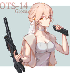 Rule 34 | 1girl, assault rifle, blonde hair, breasts, bridal veil, bullpup, character name, cleavage, closed mouth, collarbone, dress, girls&#039; frontline, gun, highres, holding, holding weapon, long hair, looking at viewer, magazine (weapon), medium breasts, mo geng, orange eyes, ots-14 (girls&#039; frontline), ots-14 groza, rifle, simple background, solo, suppressor, veil, weapon, wedding dress, white dress