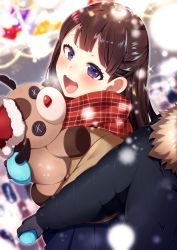 Rule 34 | 1girl, :d, black gloves, blue eyes, blurry, blurry background, blush, brown hair, coat, gloves, hat, highres, holding, holding stuffed toy, long hair, looking at viewer, open mouth, original, plaid, plaid scarf, ponita, red hat, red scarf, scarf, smile, solo, stuffed animal, stuffed toy