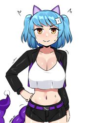 Rule 34 | 1girl, animal ears, belt, black shorts, blue hair, breasts, brown eyes, cat ears, cleavage, closed mouth, collarbone, cowboy shot, crop top, crop top overhang, cropped jacket, fake animal ears, fake tail, gradient hair, groin, hair ornament, hairclip, hand on own hip, highres, ii (peps art), large breasts, long sleeves, looking at viewer, manticore girl, midriff, multicolored hair, navel, navel piercing, original, peps art, piercing, scorpion tail, shirt, short shorts, shorts, simple background, smile, straight-on, swept bangs, tail, twintails, white background, white shirt