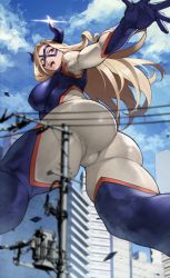 Rule 34 | 1girl, absurdres, ass, blonde hair, blue sky, bodysuit, boku no hero academia, breasts, domino mask, giant, giantess, highres, horns, large breasts, long hair, looking at viewer, mask, mount lady, open mouth, purple eyes, skin tight, sky, solo, thighs, yoshio (55level)