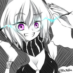Rule 34 | 10s, 1girl, :d, abyssal ship, breasts, cleavage, glowing, glowing eyes, hood, kantai collection, open mouth, pale skin, purple eyes, rameru, re-class battleship, short hair, silver hair, smile, solo