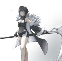 Rule 34 | 1girl, absurdres, arknights, bare shoulders, black eyes, black gloves, black hair, black jacket, black shirt, black shorts, breasts, feet out of frame, fingerless gloves, gloves, gradient background, grey background, hair intakes, hair ornament, hairclip, highres, holding, holding scythe, jacket, la pluma (arknights), looking at viewer, official art, open clothes, open jacket, scythe, shirt, short hair, shorts, simple background, sleeveless, sleeveless shirt, small breasts, solo, weibo logo, weibo watermark, yizhiyazi (yz z )