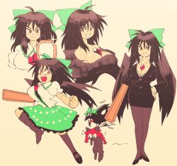 Rule 34 | arm cannon, asymmetrical footwear, bare shoulders, bird wings, black socks, blinking, blouse, bow, bra, breasts, brown hair, brown wings, business suit, buttons, cape, cleavage, collared shirt, covering privates, covering breasts, formal, frilled skirt, frills, green bow, green skirt, hair bow, hand on own hip, high heels, highres, inkerton-kun, kaenbyou rin, kaenbyou rin (cat), kneehighs, large breasts, long hair, mirror, mismatched footwear, nude, office lady, pantyhose, pencil skirt, ponytail, puffy short sleeves, puffy sleeves, reiuji utsuho, reiuji utsuho (bird), shirt, shoes, short sleeves, simple background, single shoe, skirt, skirt suit, smile, socks, starry sky print, suit, third eye, touhou, underwear, weapon, white cape, white shirt, wings