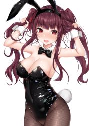 Rule 34 | 1girl, absurdres, animal ears, bare shoulders, black leotard, black pantyhose, blush, bow, bowtie, breasts, cleavage, coffeedog, cowboy shot, detached collar, fake animal ears, girls&#039; frontline, groin, hair ribbon, half updo, highres, holding, holding hair, large breasts, leotard, long hair, looking at viewer, one side up, open mouth, pantyhose, playboy bunny, purple hair, rabbit ears, rabbit tail, red eyes, ribbon, shiny skin, simple background, solo, tail, tsurime, very long hair, wa2000 (girls&#039; frontline), wrist cuffs